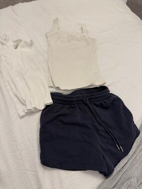 Casual Navy Drawstring Shorts with White Ribbed Tanks